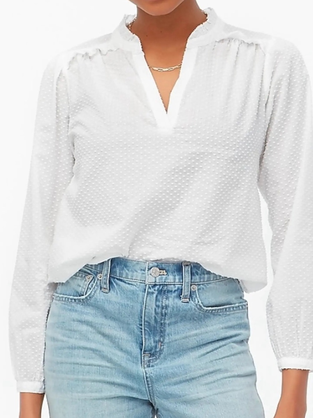 J. Crew White Clip Dot Ruffle Trim Popover Blouse - Small